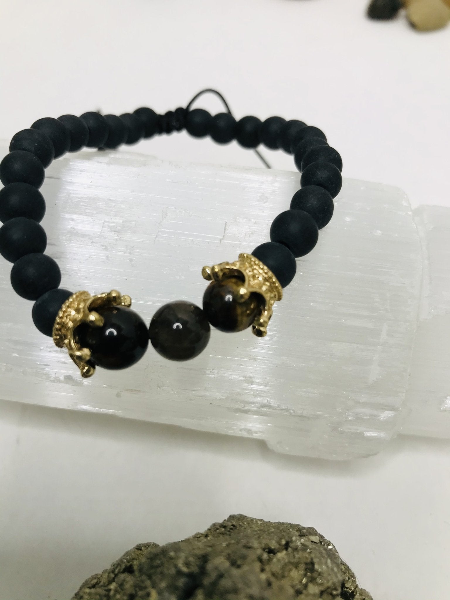 Tigers Eye Macrame Boack Lava Bracelet Men or Woman Block Negative Energy Black String Macrame Adjustable Good luck Bracelet Evil Eye Protection - Boho Cowgirlz Boutique