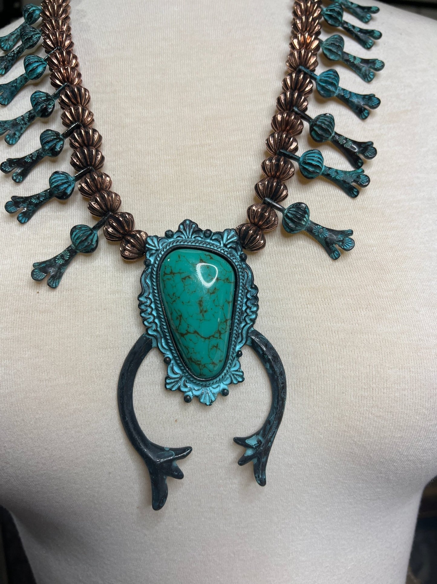 Turquoise Brass Squash Blossom Necklace - ALEXISMONROE DESIGNS