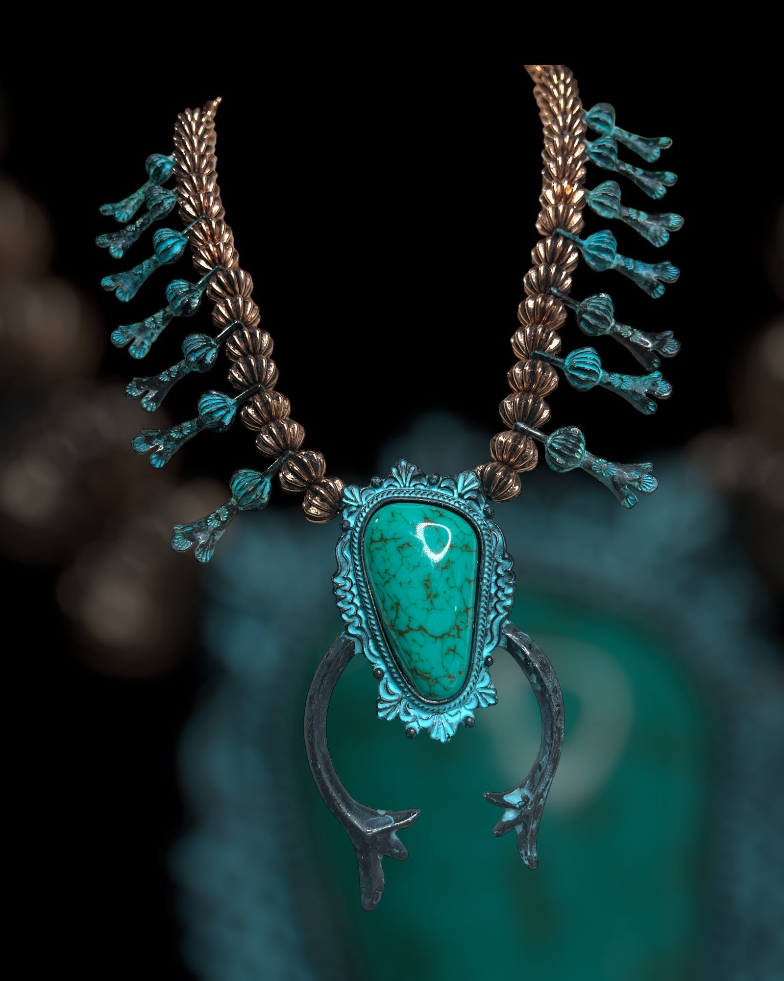 Turquoise Brass Squash Blossom Necklace - ALEXISMONROE DESIGNS