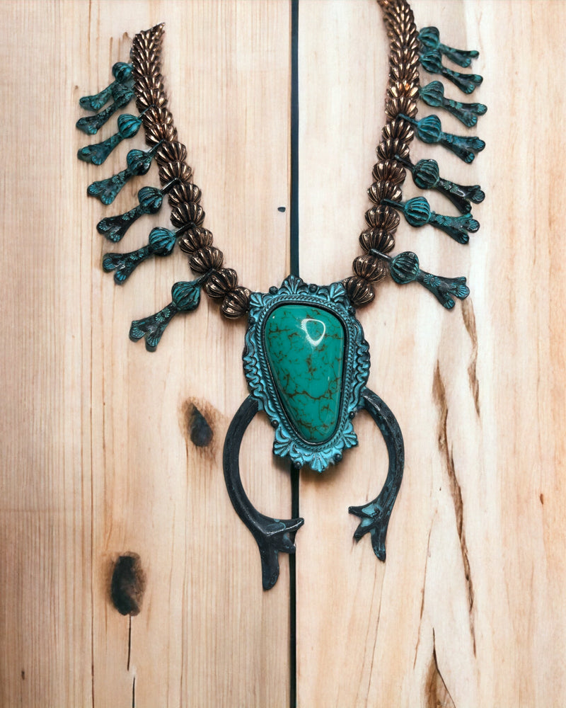 Turquoise Brass Squash Blossom Necklace - ALEXISMONROE DESIGNS