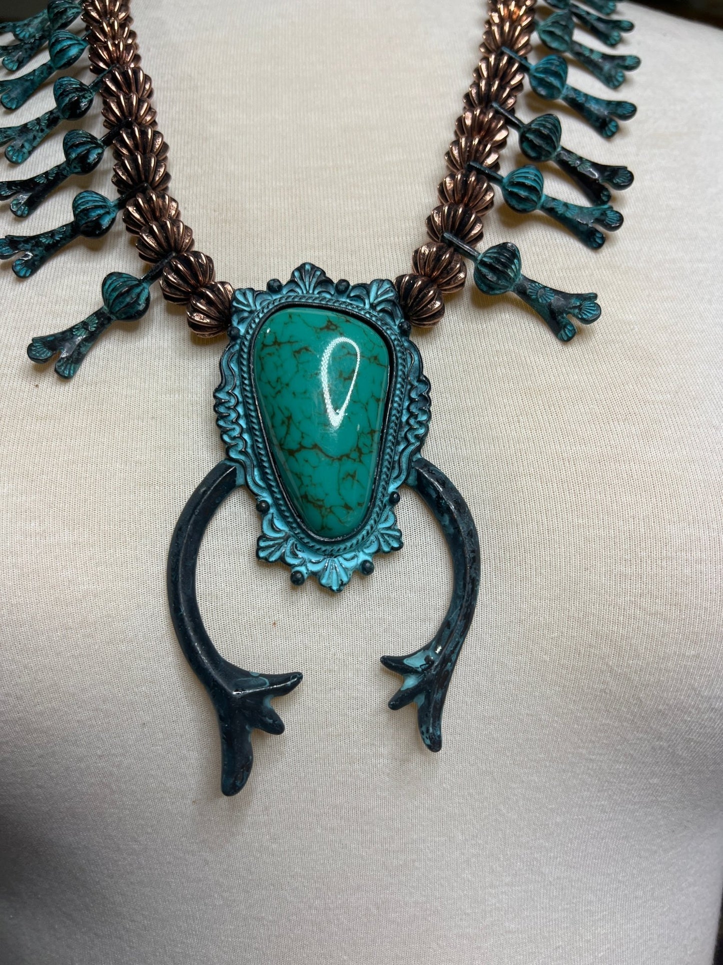 Turquoise Brass Squash Blossom Necklace - ALEXISMONROE DESIGNS