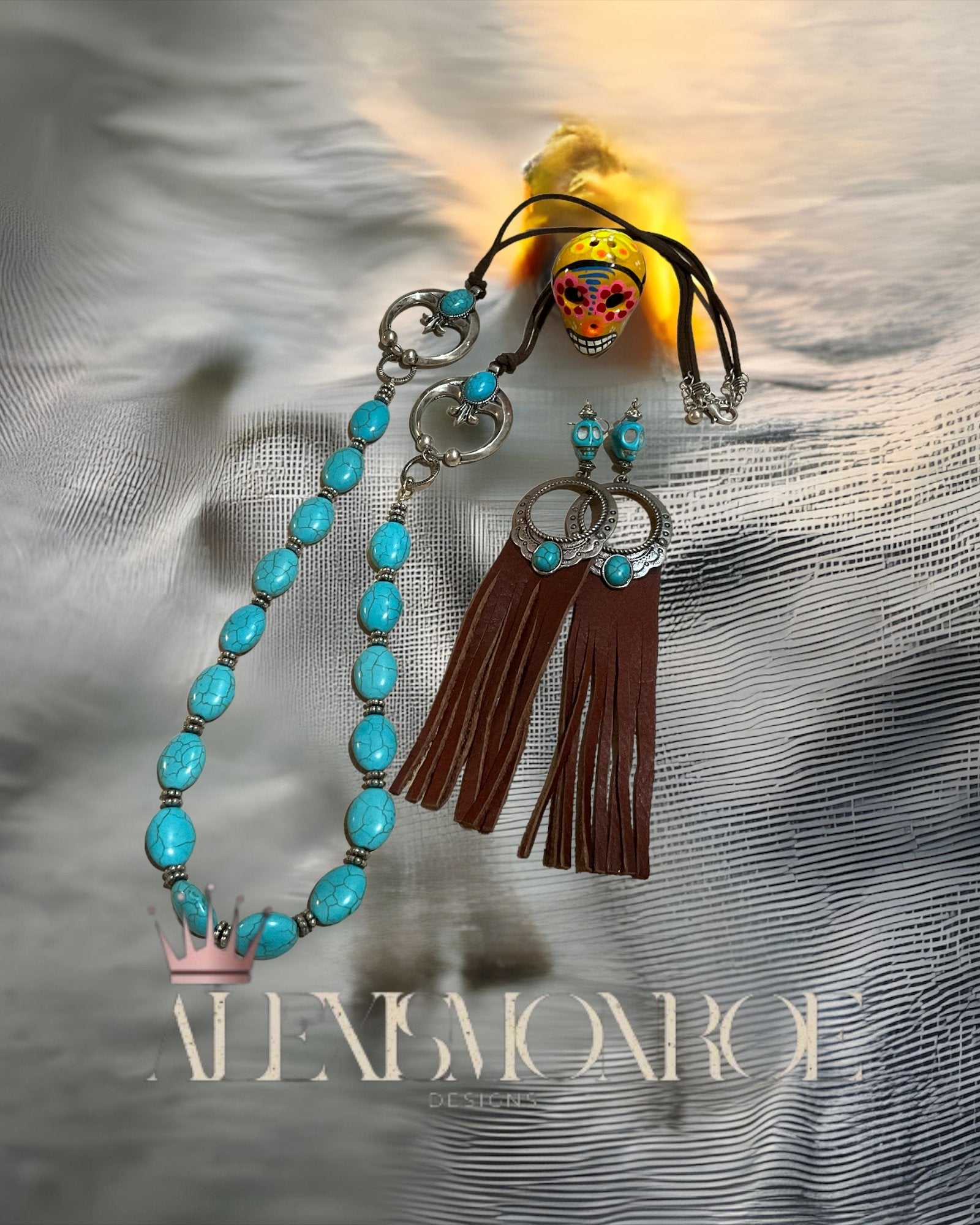 Turquoise Calavera leather Earrings - ALEXISMONROE DESIGNS