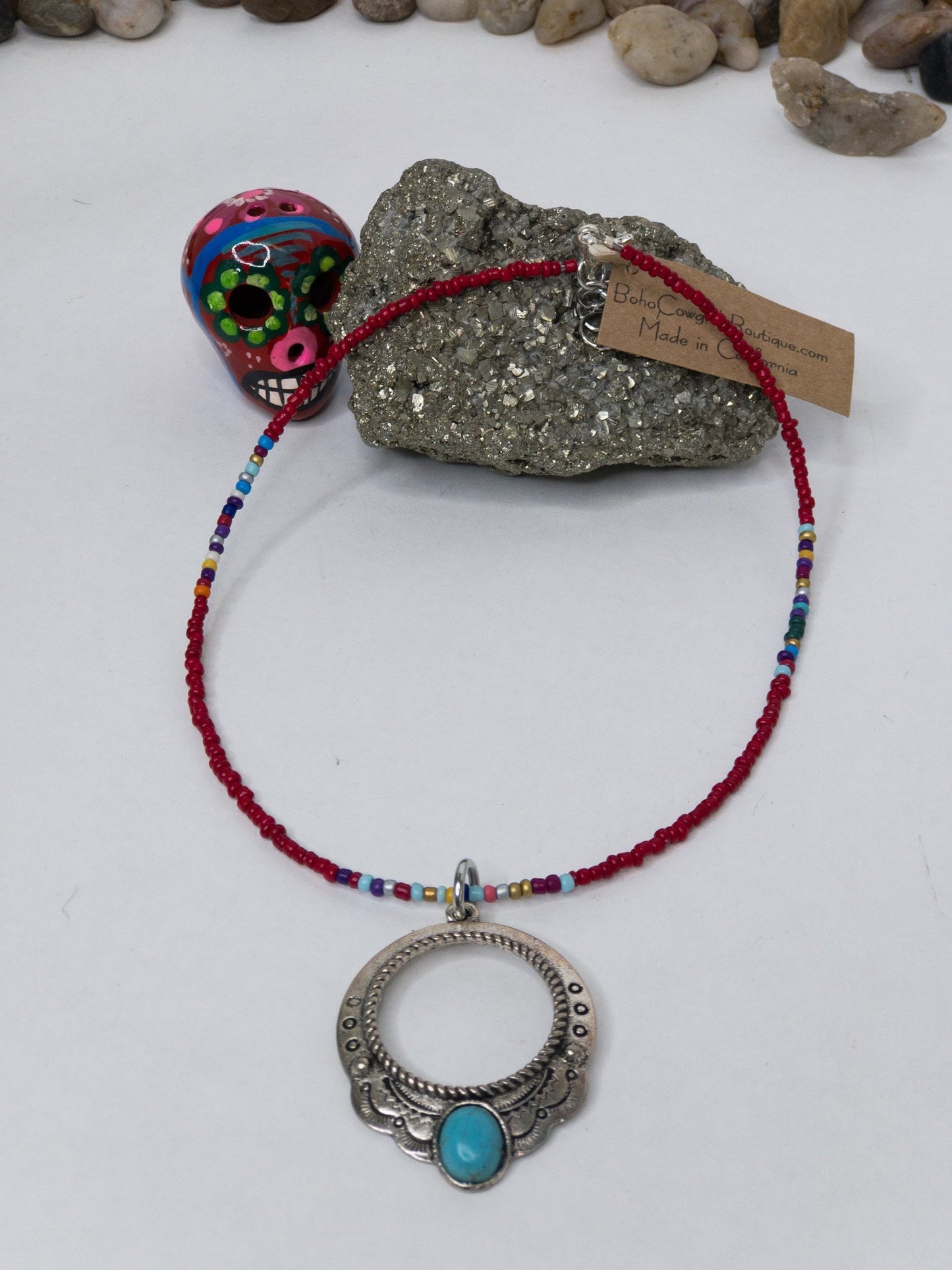 Western Engraved Pendant on Beaded Red Serape Choker Necklace, Beaded Choker - Boho Cowgirlz Boutique