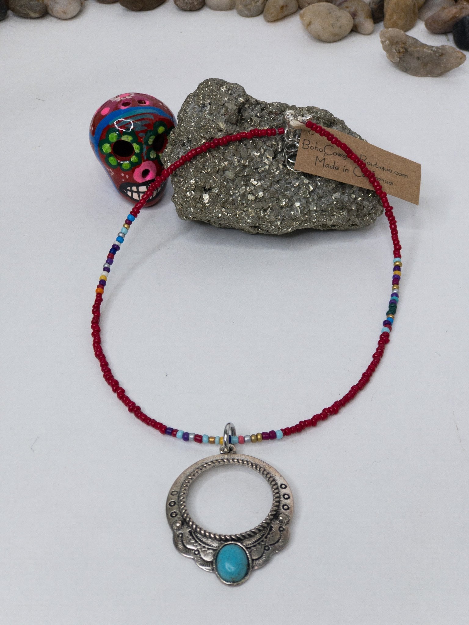 Western Engraved Pendant on Beaded Red Serape Choker Necklace, Beaded Choker - Boho Cowgirlz Boutique