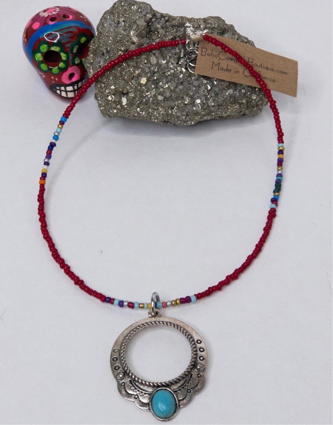 Western Engraved Pendant on Beaded Red Serape Choker Necklace, Beaded Choker - Boho Cowgirlz Boutique