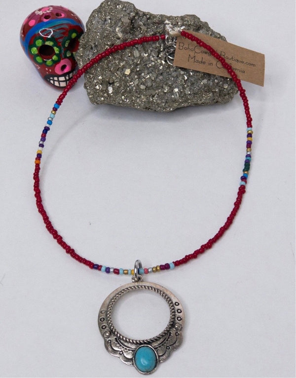 Western Engraved Pendant on Beaded Red Serape Choker Necklace, Beaded Choker - Boho Cowgirlz Boutique